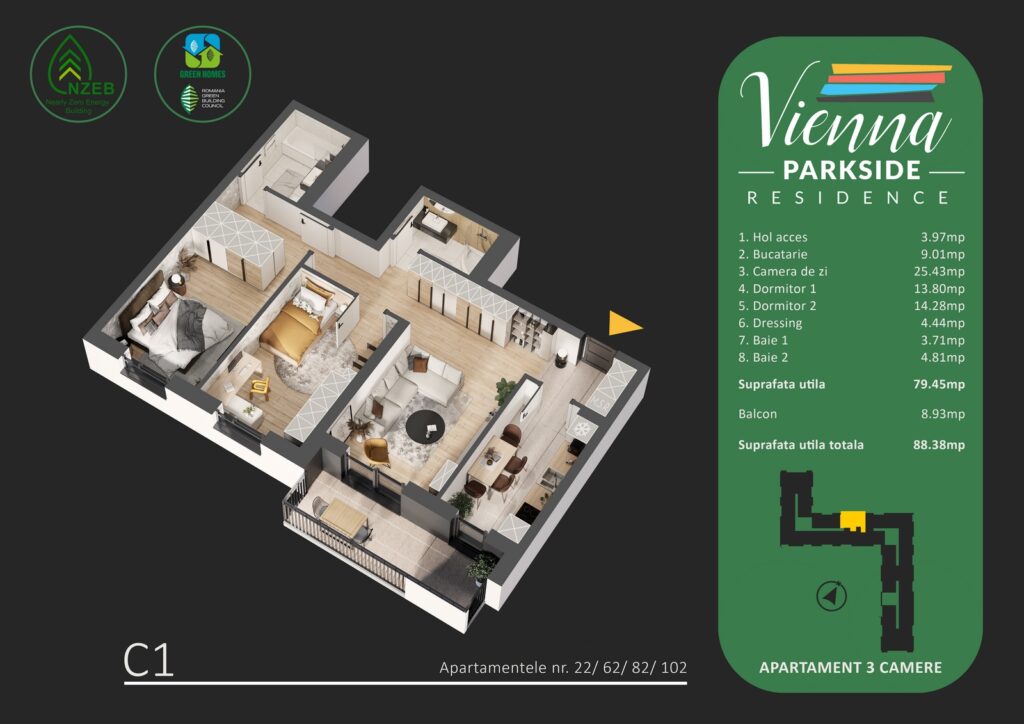 Apartament 3 camere, ansamblu GREEN, Stradal Bd. Metalurgiei, langa parc