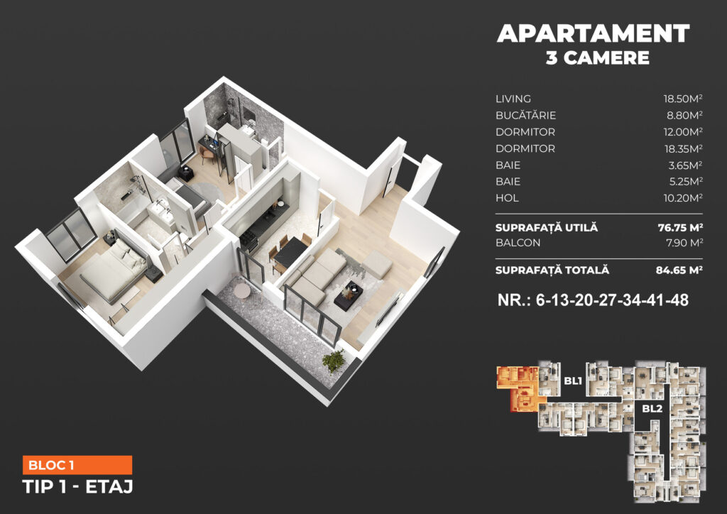 Apartament cu 3 camere langa statia de metrou, Strada Biruintei, imobil premium