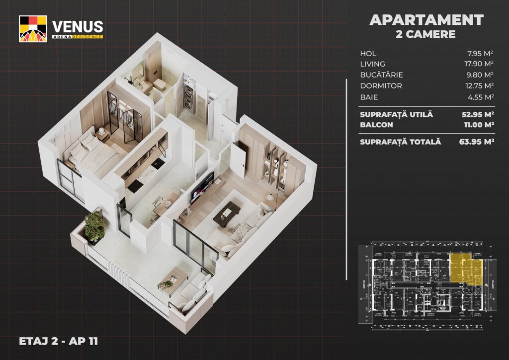 Apartament cu 2 camere, balcon generos, Venus Arena, metrou Aparatorii Patriei