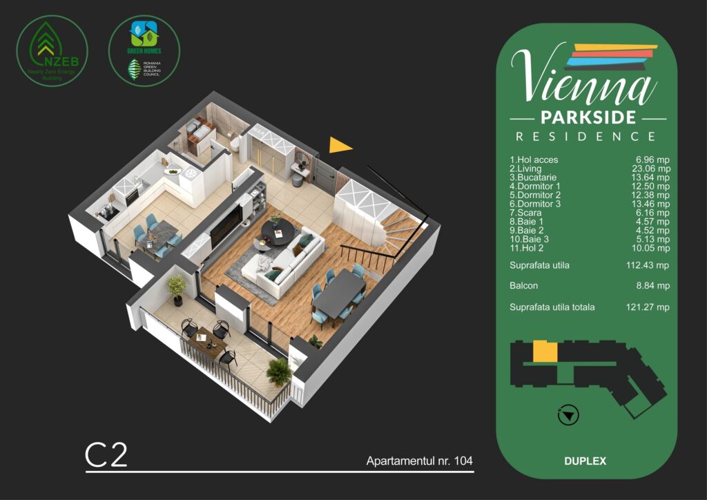Apartament cu 4 camere, compartimentare moderna, tip duplex, vedere panoramica