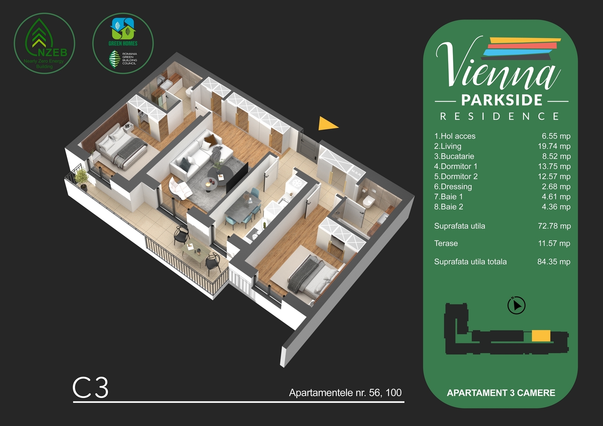 Apartament cu 3 camere, finisat premium, Vienna Parkside Residence, Parcul Tudor Arghezi