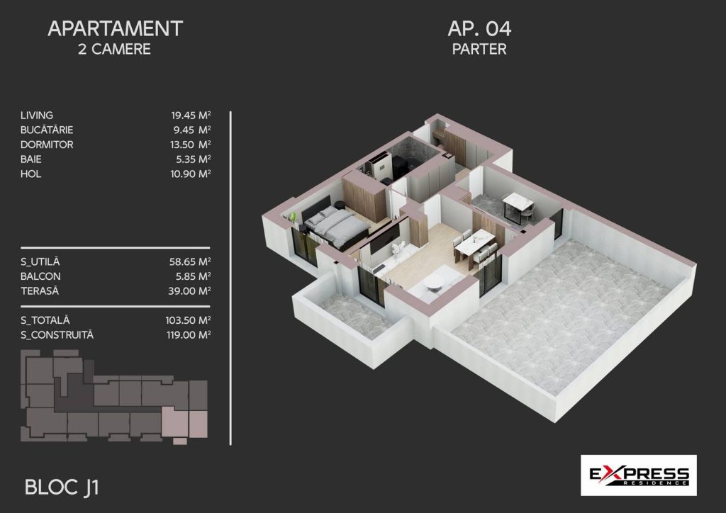 Apartament cu 2 camere, balcon si terasa 39 mp, Express Residence Metalurgiei Park
