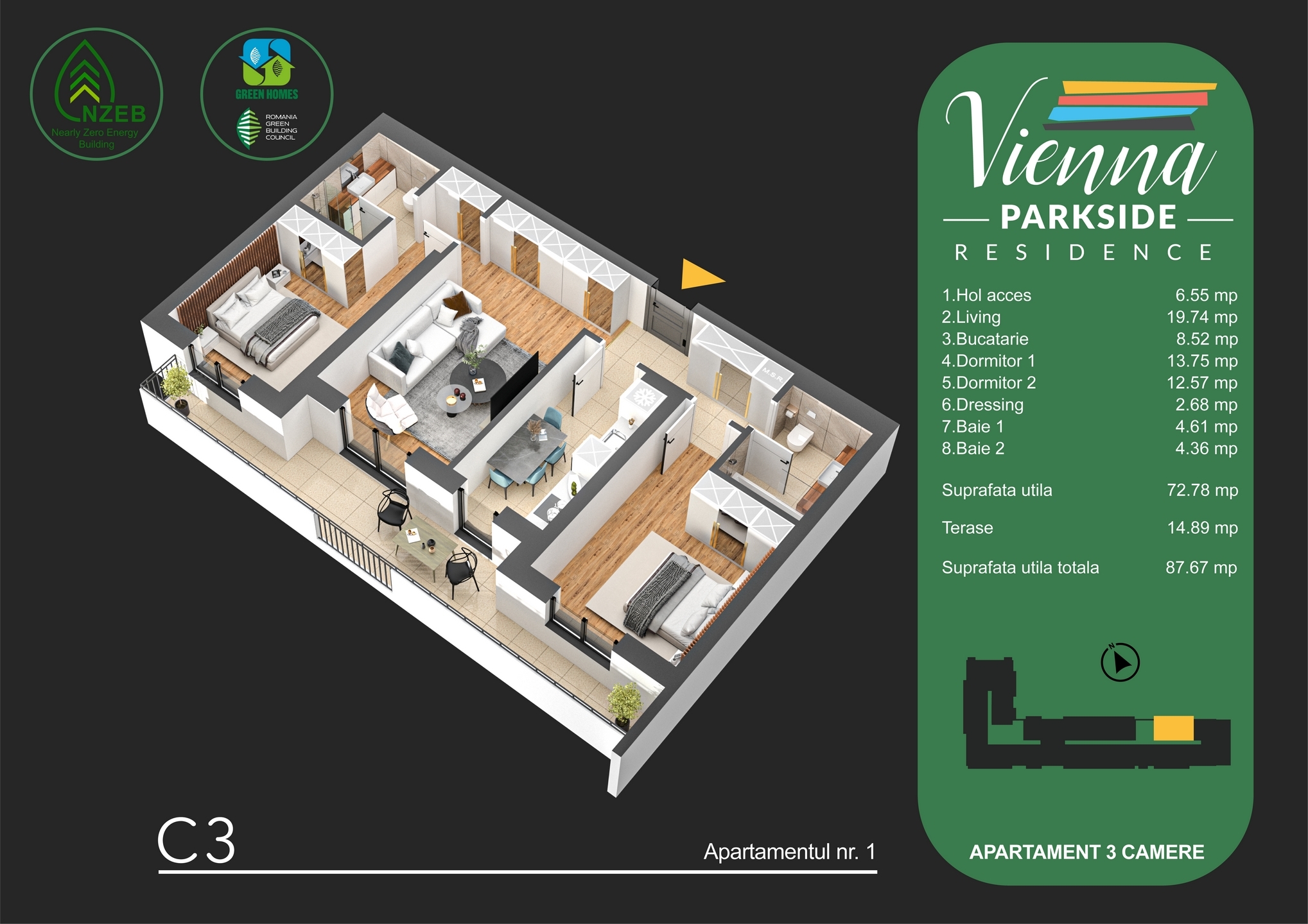 Apartament cu 3 camere, etaj 1, Vienna Parkside Residence, Parcul Tudor Arghezi, Sector 4