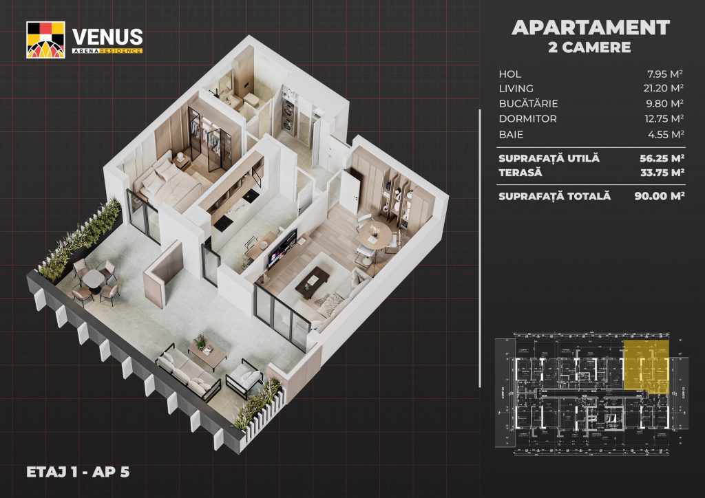 Venus Arena Residence – Apartament decomandat cu 2 camere, terasa 33.75 mp