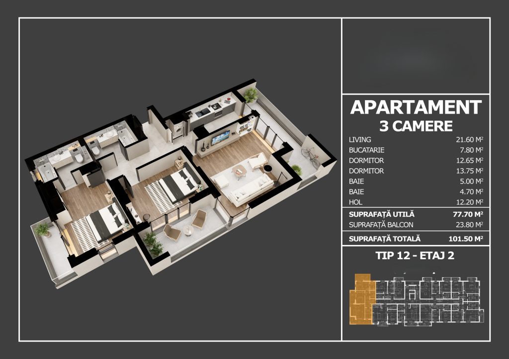 Apartament nou cu 3 camere, decomandat, 101.50 mp, Popesti-Leordeni | Rado Residence