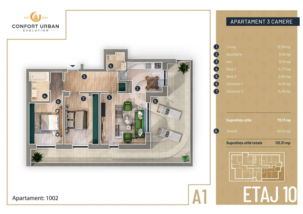 Apartament cu 3 camere si terasa 40.14 mp, proiect premium in Sectorul 5 – Targ Pucheni