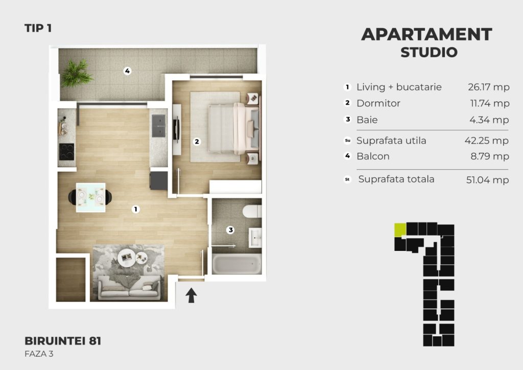 Apartament eficient compartimentat cu balcon, Strada Biruintei, Popesti-Leordeni