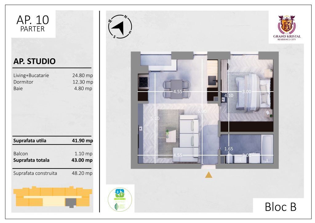 Apartament eficient compartimentat, The Grand Kristal Residence City, Metro Berceni