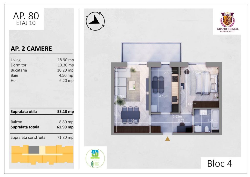 Apartament cu 2 camere, prima inchiriere, mobilat si utilat, loc de parcare inclus, The Grand Kristal Residence City
