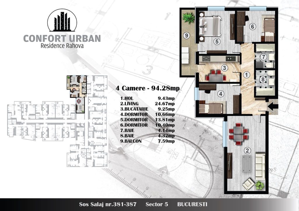 Apartament 4 camere, decomandat, 94,28 mp, mobilat complet – zona Targ Pucheni, Sector 5